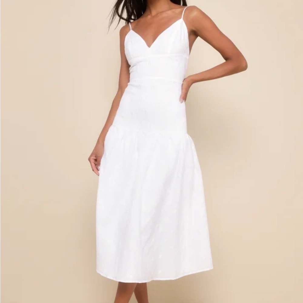 Serene Charm White Textured Embroidered Drop Waist Midi Dress